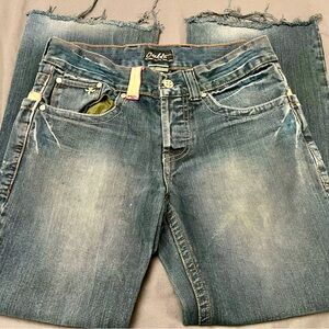 MENS Cult Industries Blue Denim Straight Leg Jeans Size 30 x 27 Cropped & Frayed